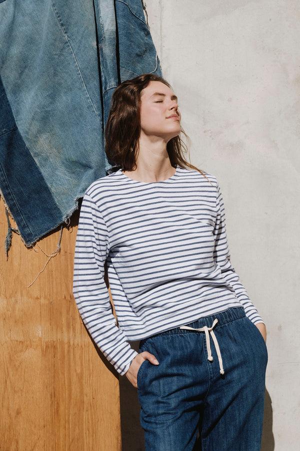 save khaki united LS Boxy Boat Neck Stripe Tee Sprout