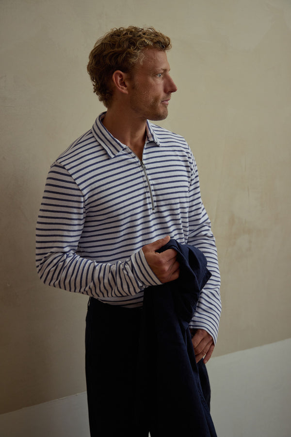 Save Khaki United LS Organic Cotton Hemp Stripe Quarter Zip Lichen