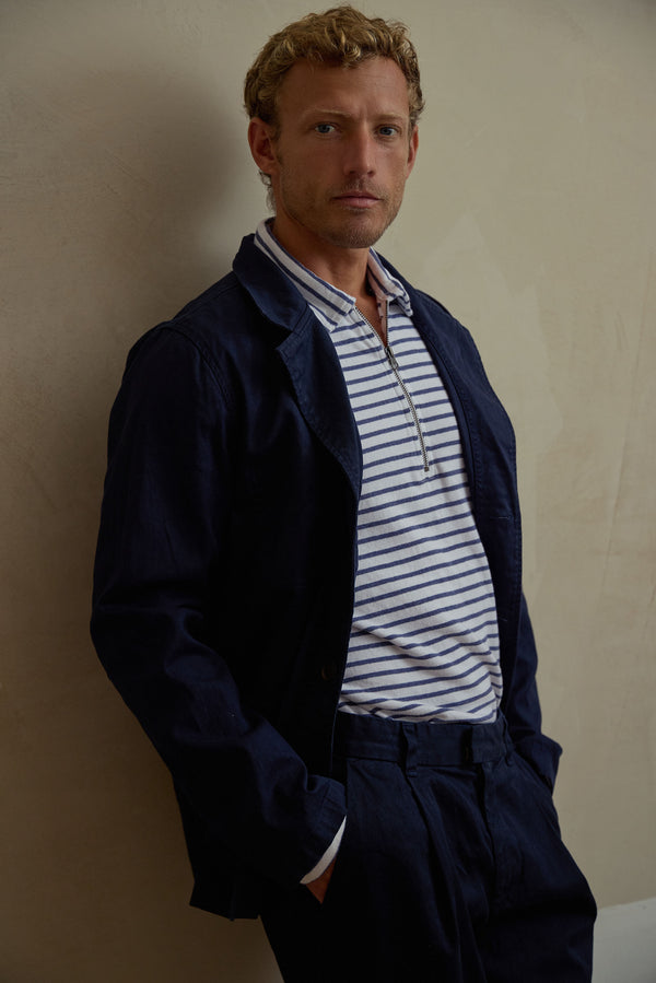 Save Khaki United LS Organic Cotton Hemp Stripe Quarter Zip Union Blue