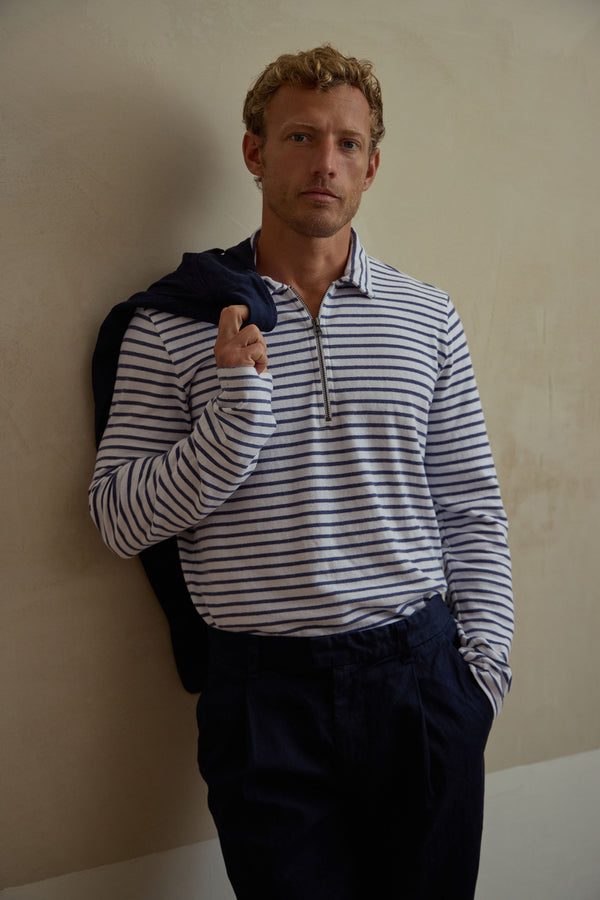 save khaki united LS Organic Cotton Hemp Stripe Quarter Zip White