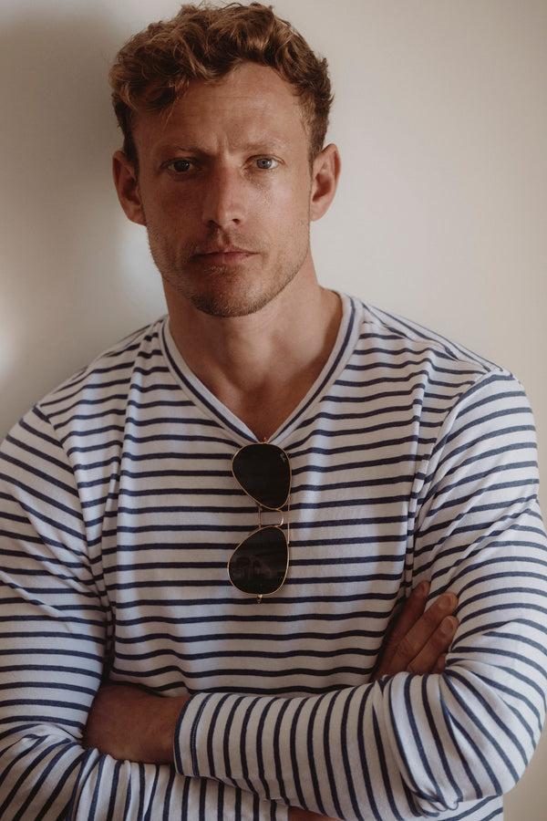 save khaki united LS Organic Hemp Stripe Crew Tee Union Blue