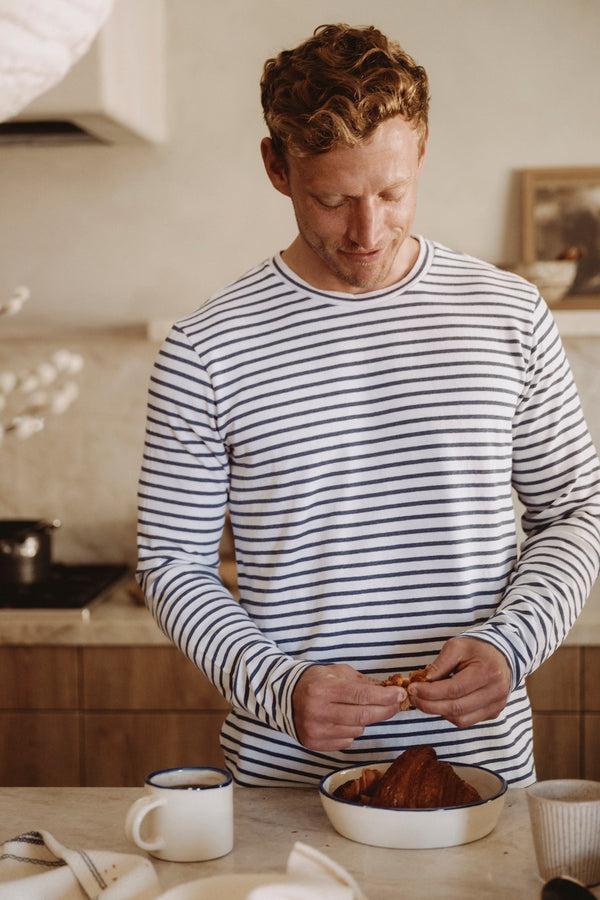 Save Khaki United LS Organic Hemp Stripe Crew Tee White