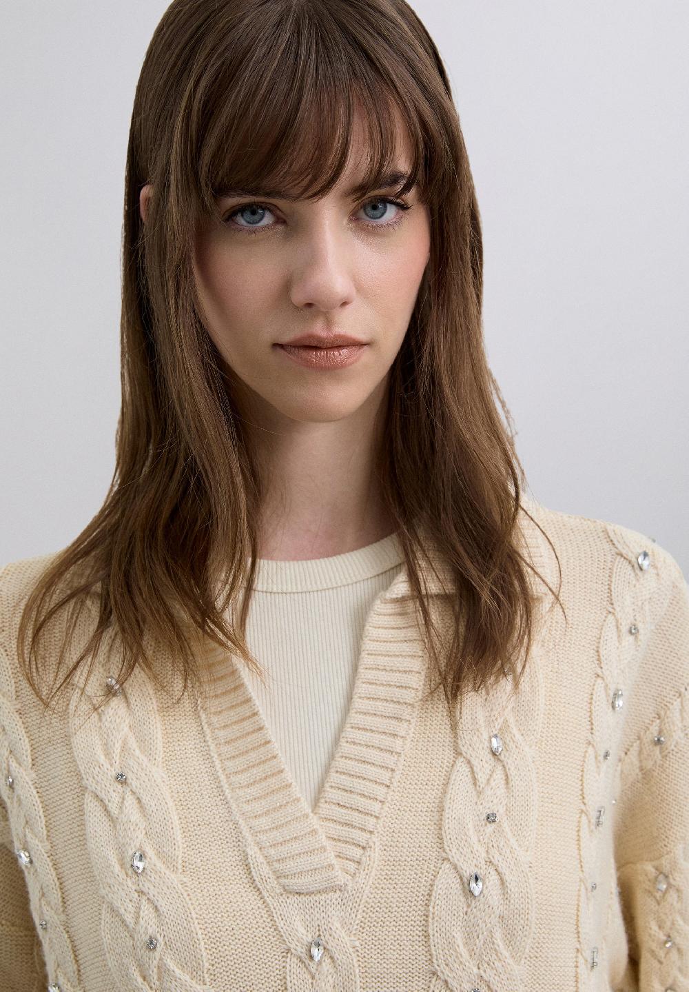 Scalpers CABLE KNIT POLO SWEATER WITH RHINESTONES ECRU