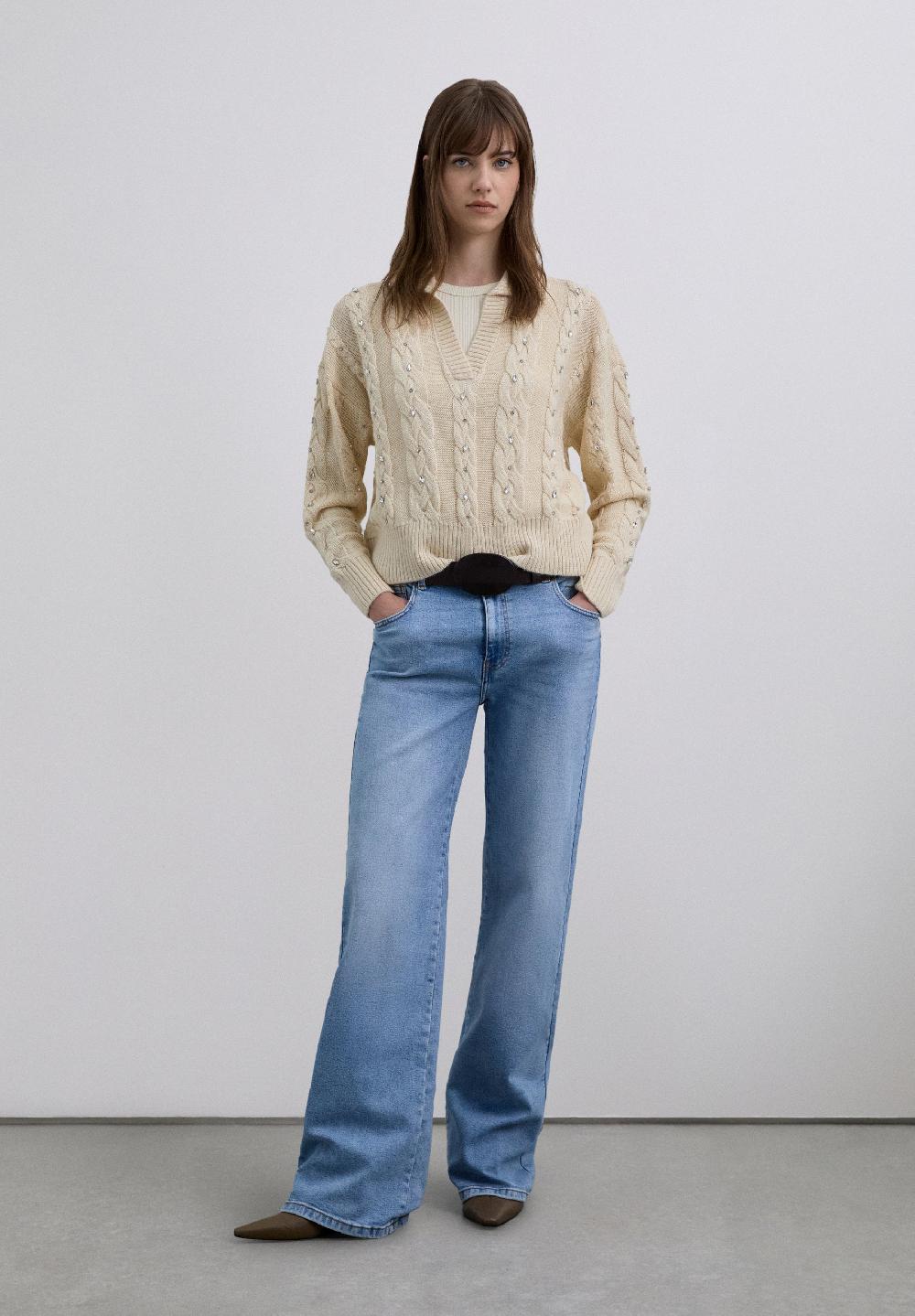 Scalpers CABLE KNIT POLO SWEATER WITH RHINESTONES ECRU