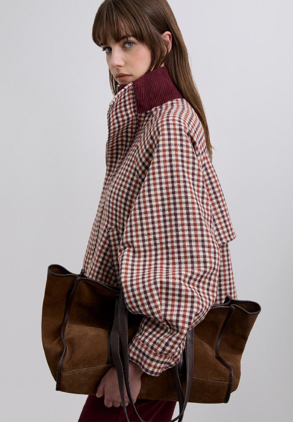 scalpers CHECKED BOMBER JACKET WITH CORDUROY COLLAR BURGUNDY CHECK