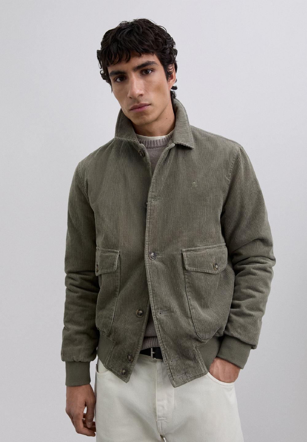 Scalpers CORDUROY BOMBER JACKET WITH SKULL LIGHT KHAKI