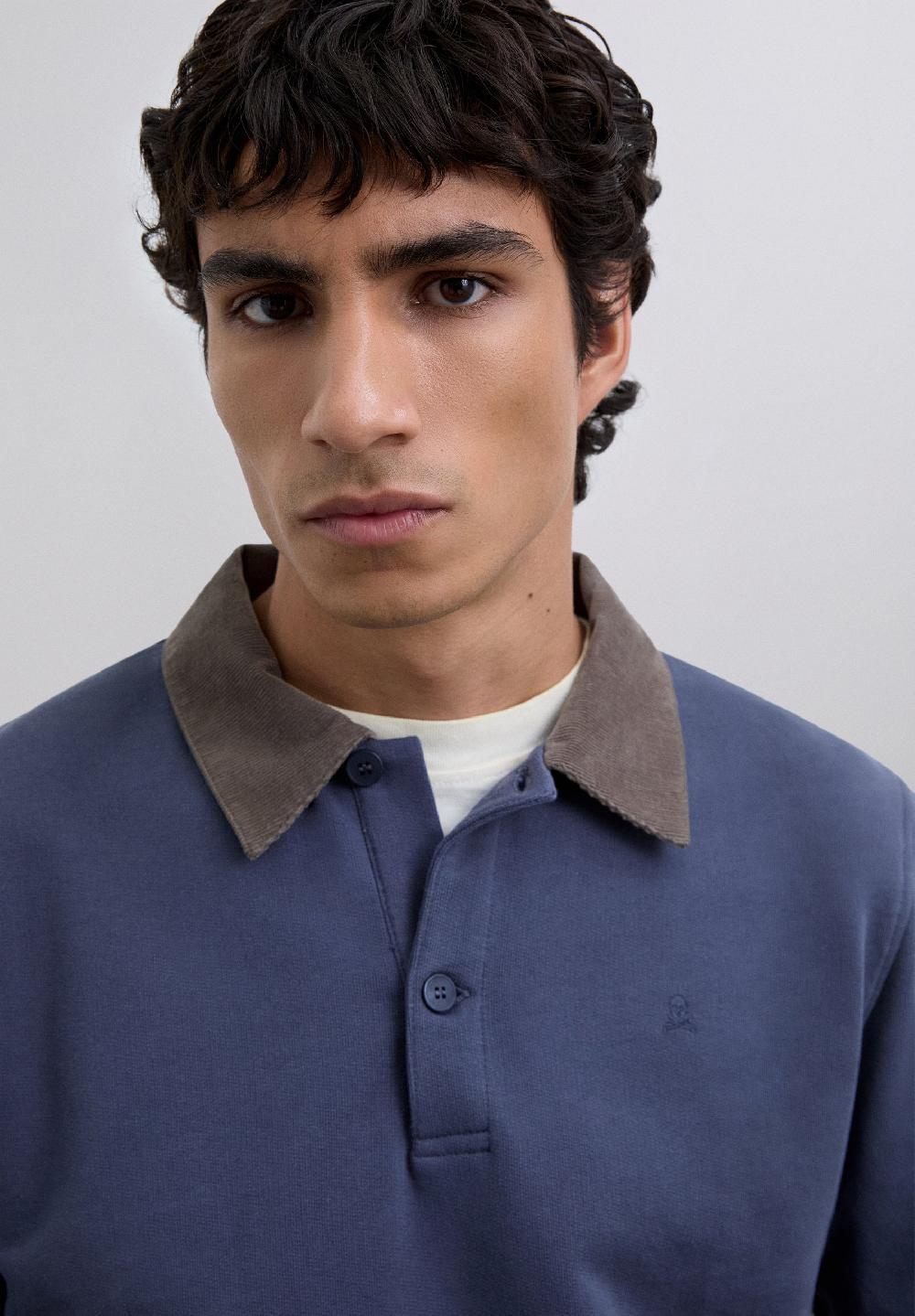 Scalpers EMBROIDERED POLO SHIRT WITH CORDUROY COLLAR DARK BLUE