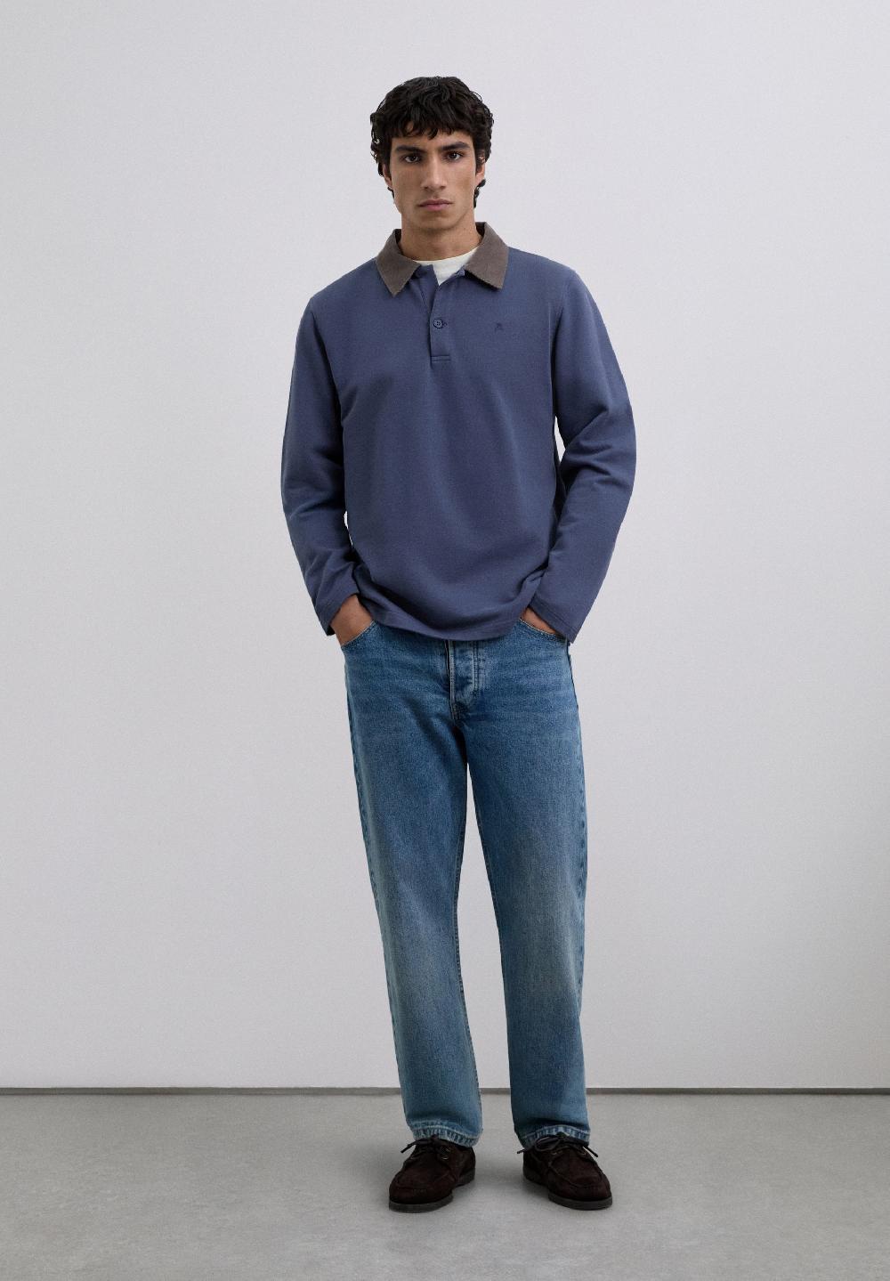 scalpers EMBROIDERED POLO SHIRT WITH CORDUROY COLLAR DARK BLUE