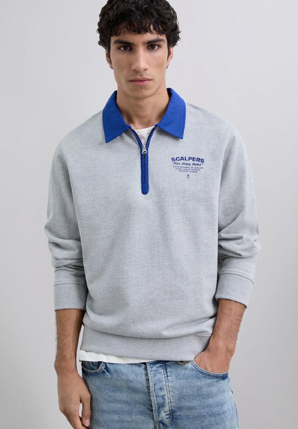 Scalpers EMBROIDERED SWEATSHIRT WITH ZIP GREY MELANGE