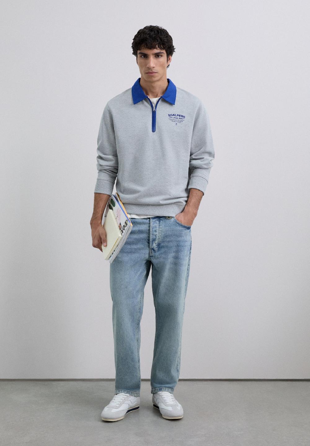 scalpers EMBROIDERED SWEATSHIRT WITH ZIP GREY MELANGE