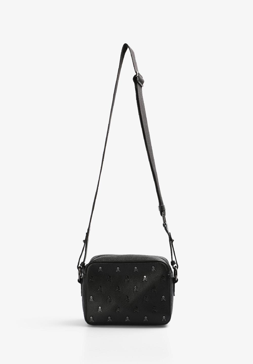 Scalpers LEATHER CROSSBODY BAG WITH ALL-OVER SKULLS BLACK