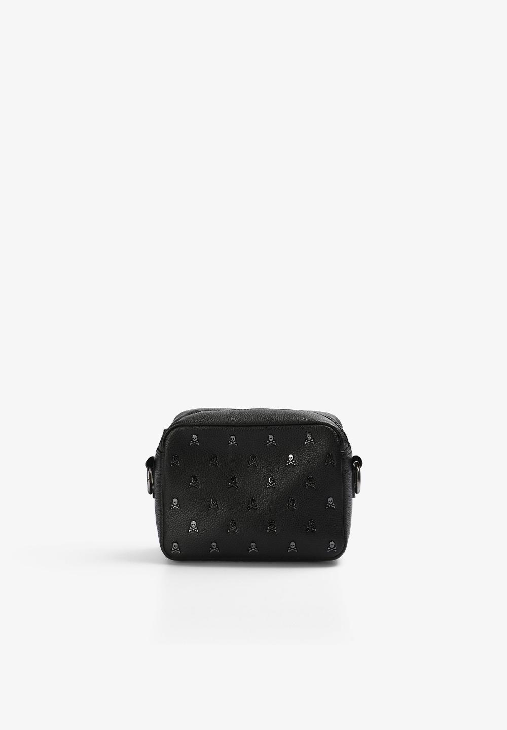 scalpers LEATHER CROSSBODY BAG WITH ALL-OVER SKULLS BLACK