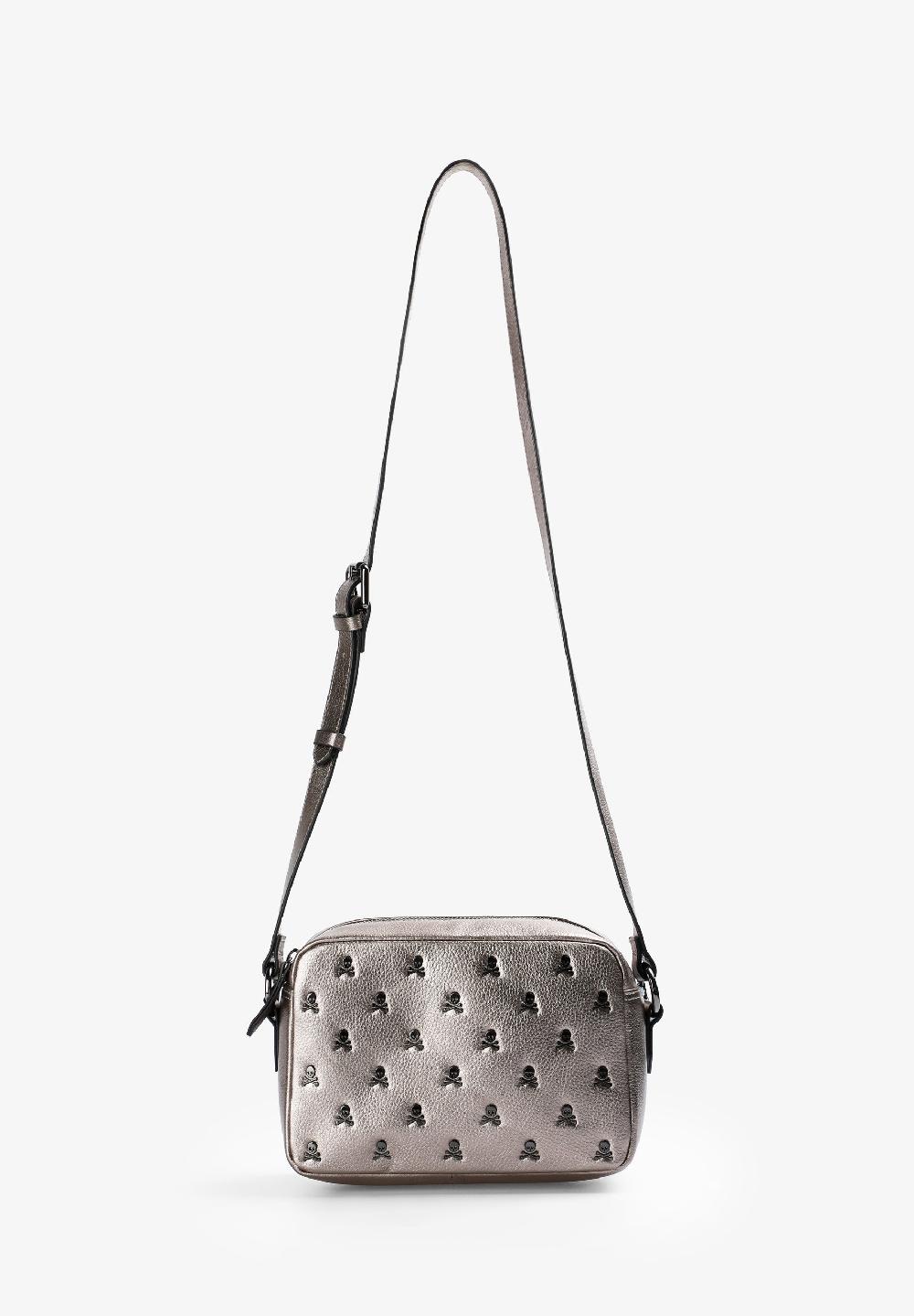 Scalpers LEATHER CROSSBODY BAG WITH ALL-OVER SKULLS METALLIC SILVER