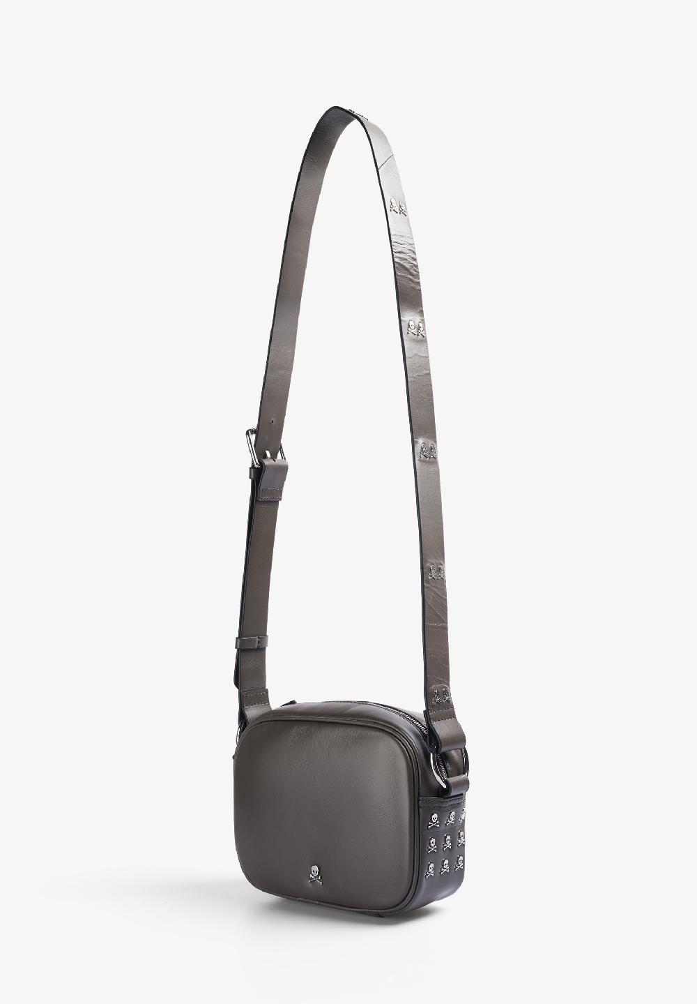 Scalpers LEATHER CROSSBODY BAG WITH SKULL DARK GREY
