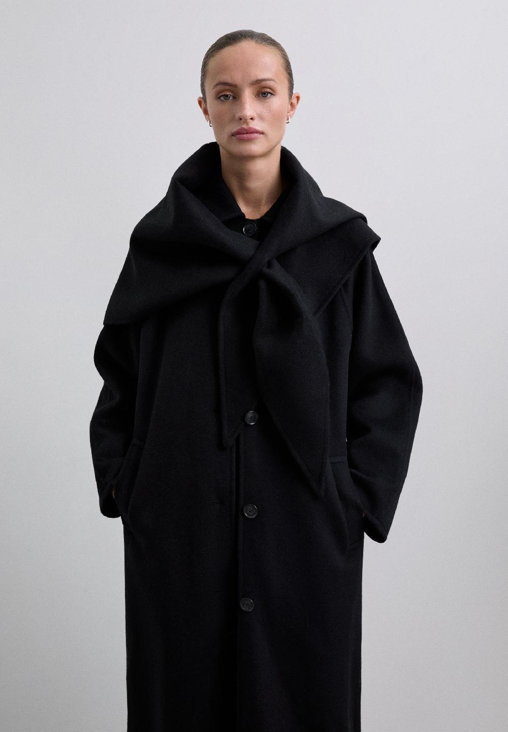Scalpers LONG COAT WITH DETACHABLE SCARF DETAIL BLACK