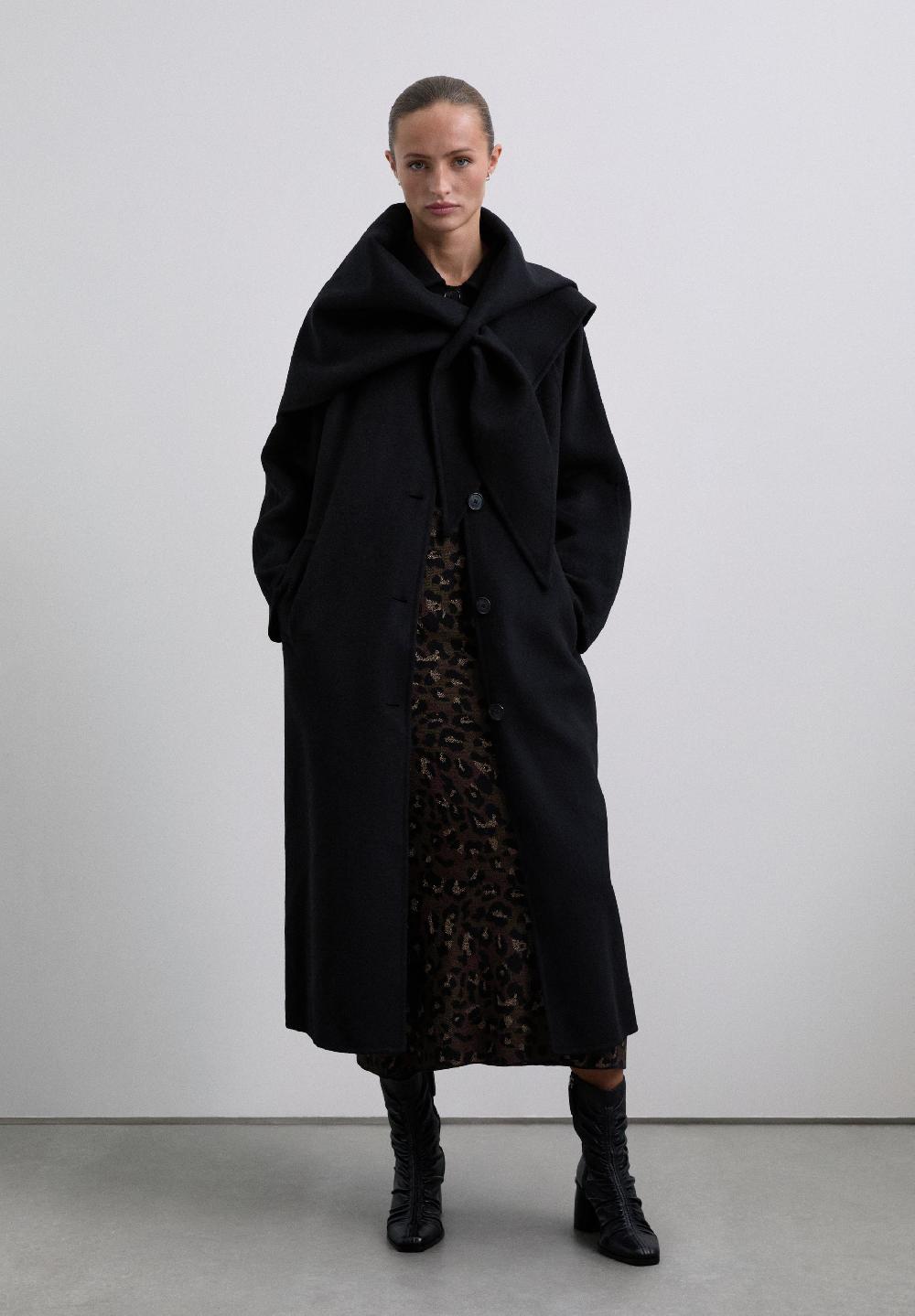 Scalpers LONG COAT WITH DETACHABLE SCARF DETAIL BLACK