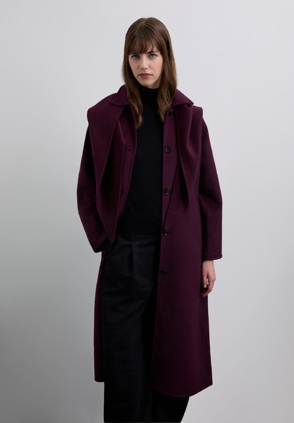 Scalpers LONG COAT WITH DETACHABLE SCARF DETAIL BURGUNDY