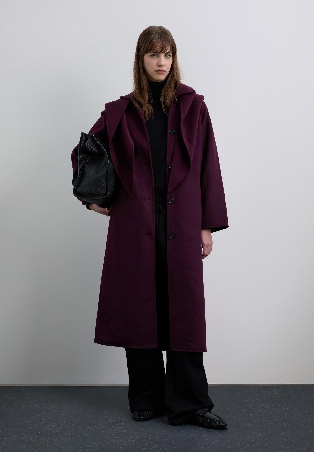 Scalpers LONG COAT WITH DETACHABLE SCARF DETAIL BURGUNDY