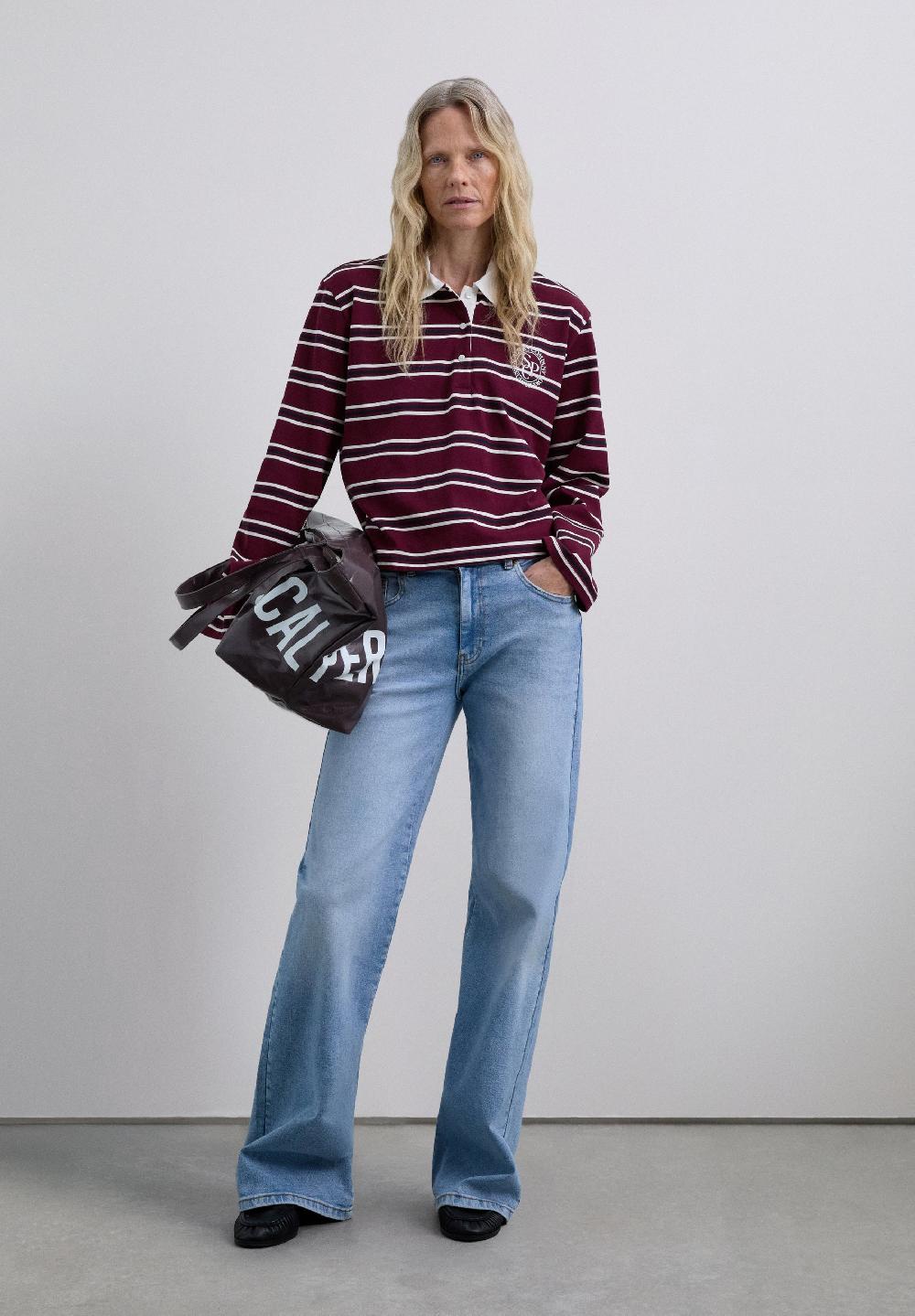 Scalpers LONG SLEEVE STRIPED POLO SHIRT BURGUNDY STRIPES