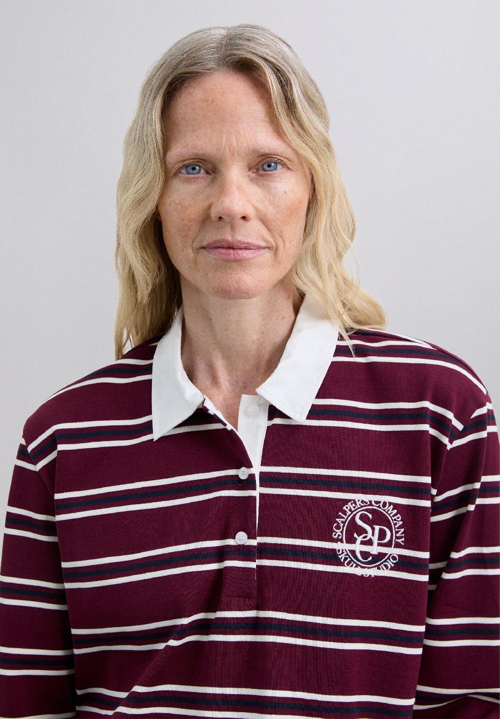 Scalpers LONG SLEEVE STRIPED POLO SHIRT BURGUNDY STRIPES