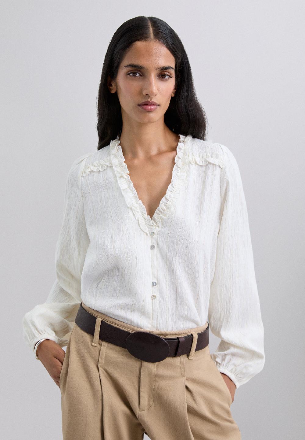 Scalpers METALLIC THREAD BLOUSE WITH RUFFLES OFF WHITE
