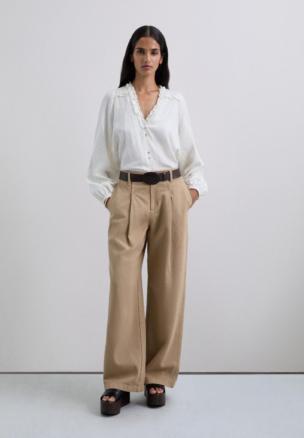 Scalpers METALLIC THREAD BLOUSE WITH RUFFLES OFF WHITE