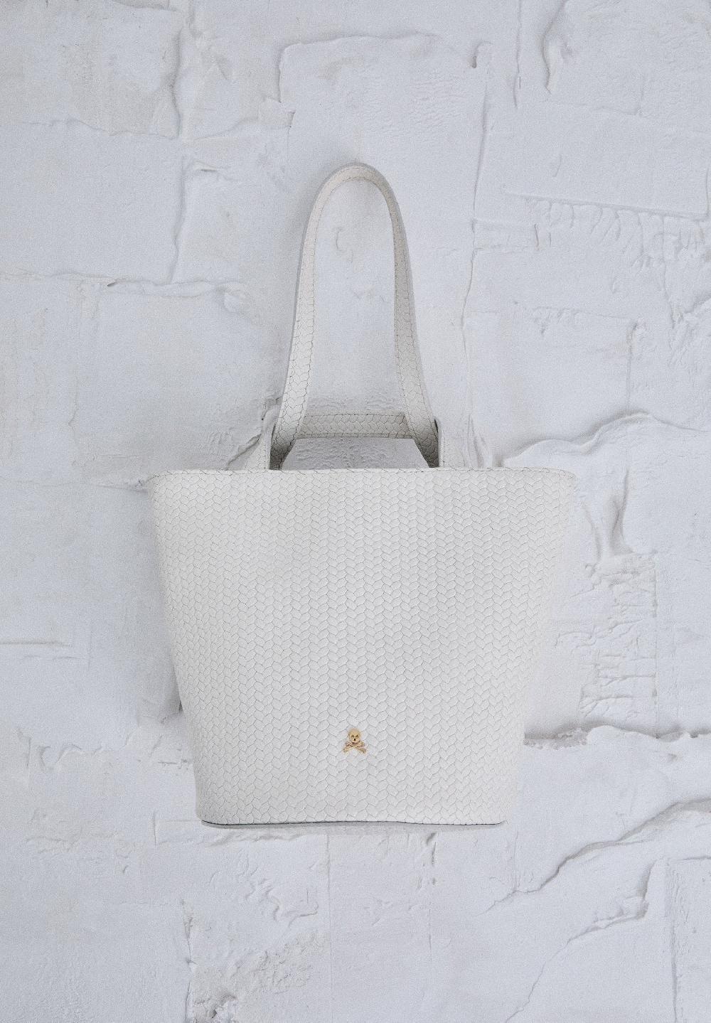Scalpers MINI BUCKET BAG IN 100% BRAIDED LEATHER OFF WHITE