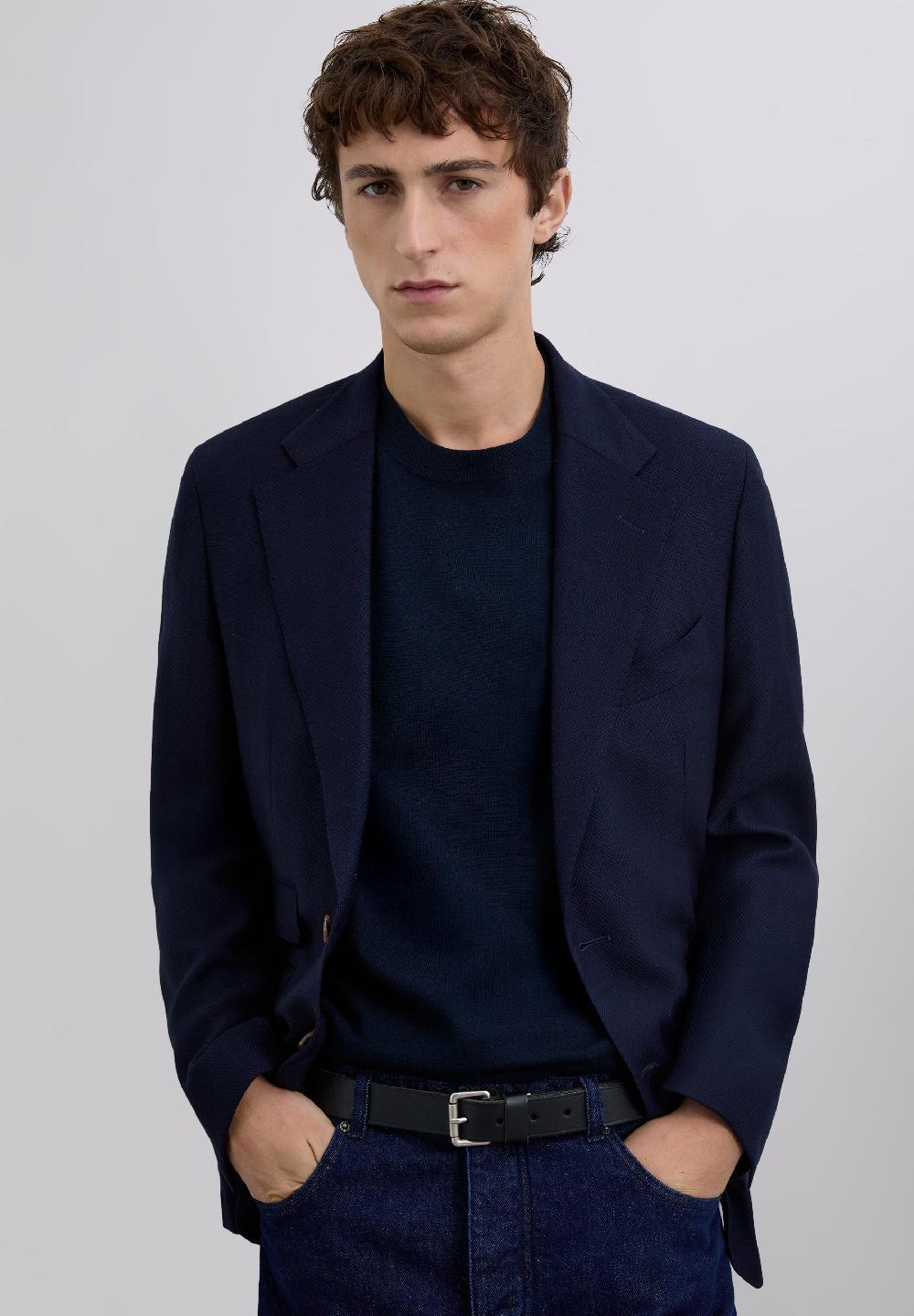 Scalpers PLAIN-COLOURED WOOL BLAZER HERRINGBONE NAVY