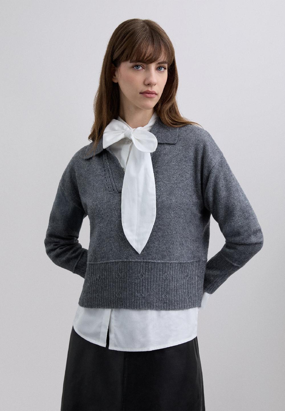 Scalpers POLO JUMPER WITH EMBOSSED DETAILS GREY MELANGE
