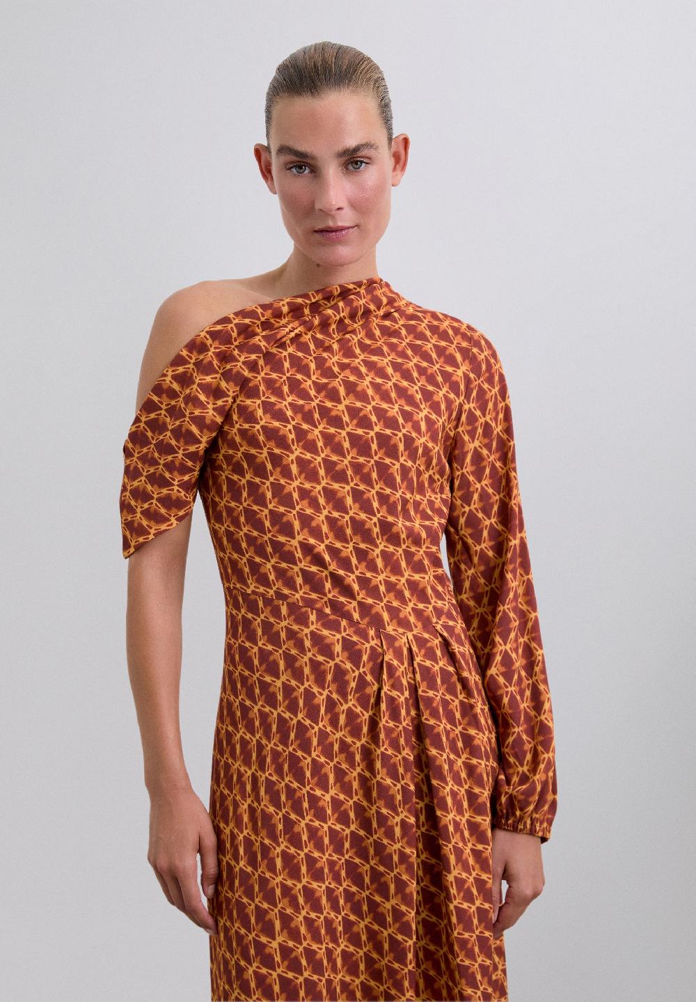 Scalpers PRINTED ASYMMETRIC NECKLINE DRESS TERRACOTA