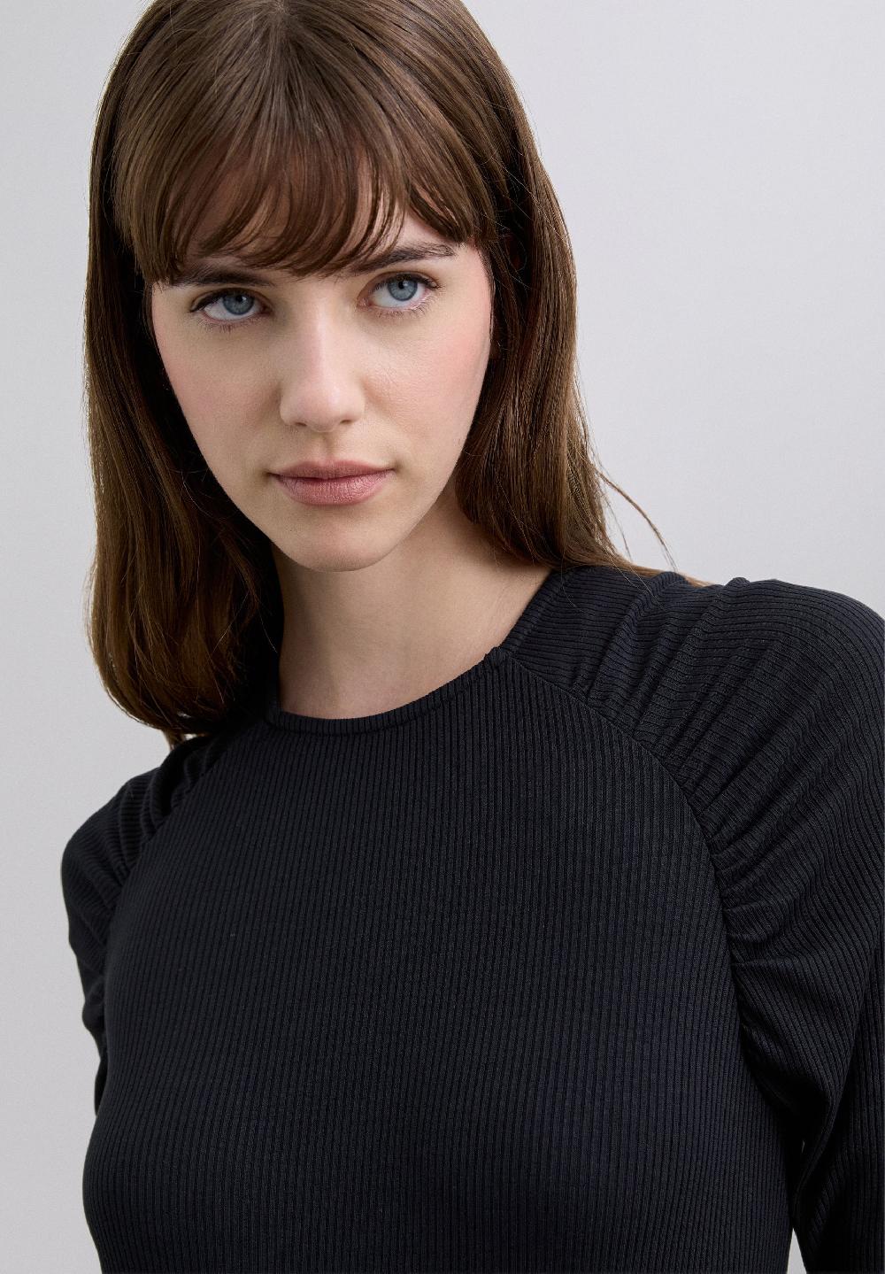 Scalpers RIBBED T-SHIRT WITH GATHERED SHOULDER DETAIL BLACK