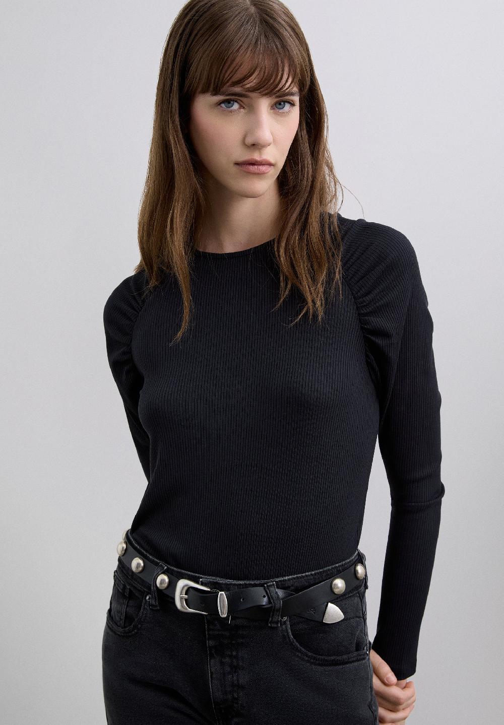 scalpers RIBBED T-SHIRT WITH GATHERED SHOULDER DETAIL BLACK