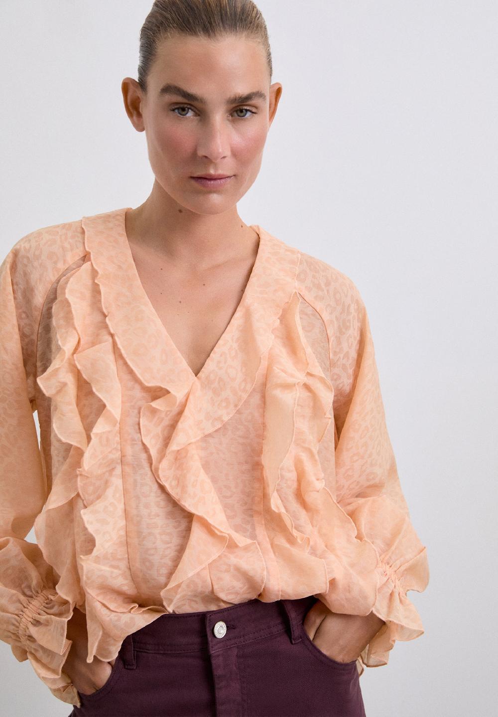 Scalpers ANIMAL PRINT BLOUSE WITH RUFFLES BLUSH