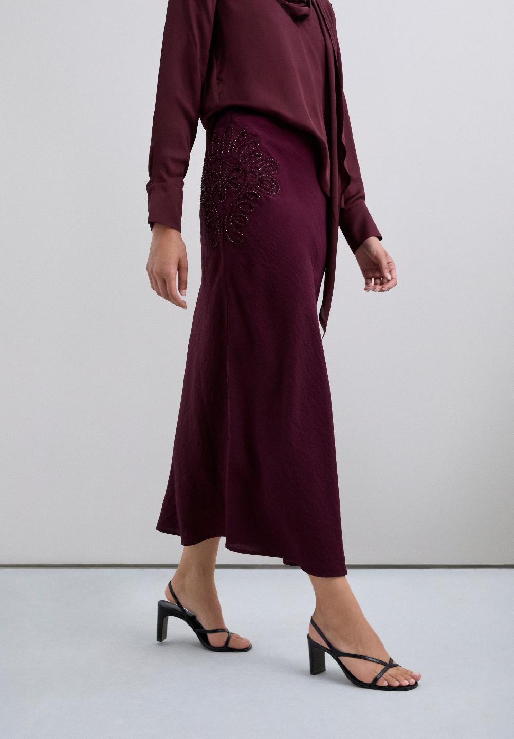 Scalpers BIAS CUT SKIRT WITH EMBROIDERY BURGUNDY