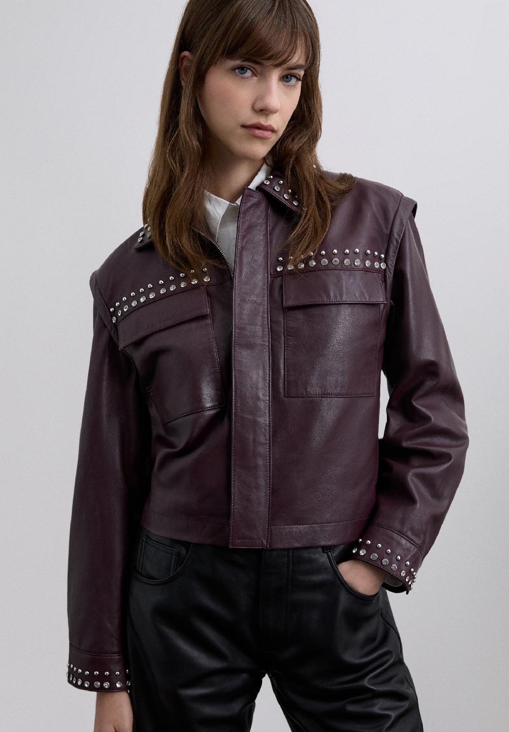 Scalpers BURGUNDY LEATHER STUDDED JACKET BURGUNDY