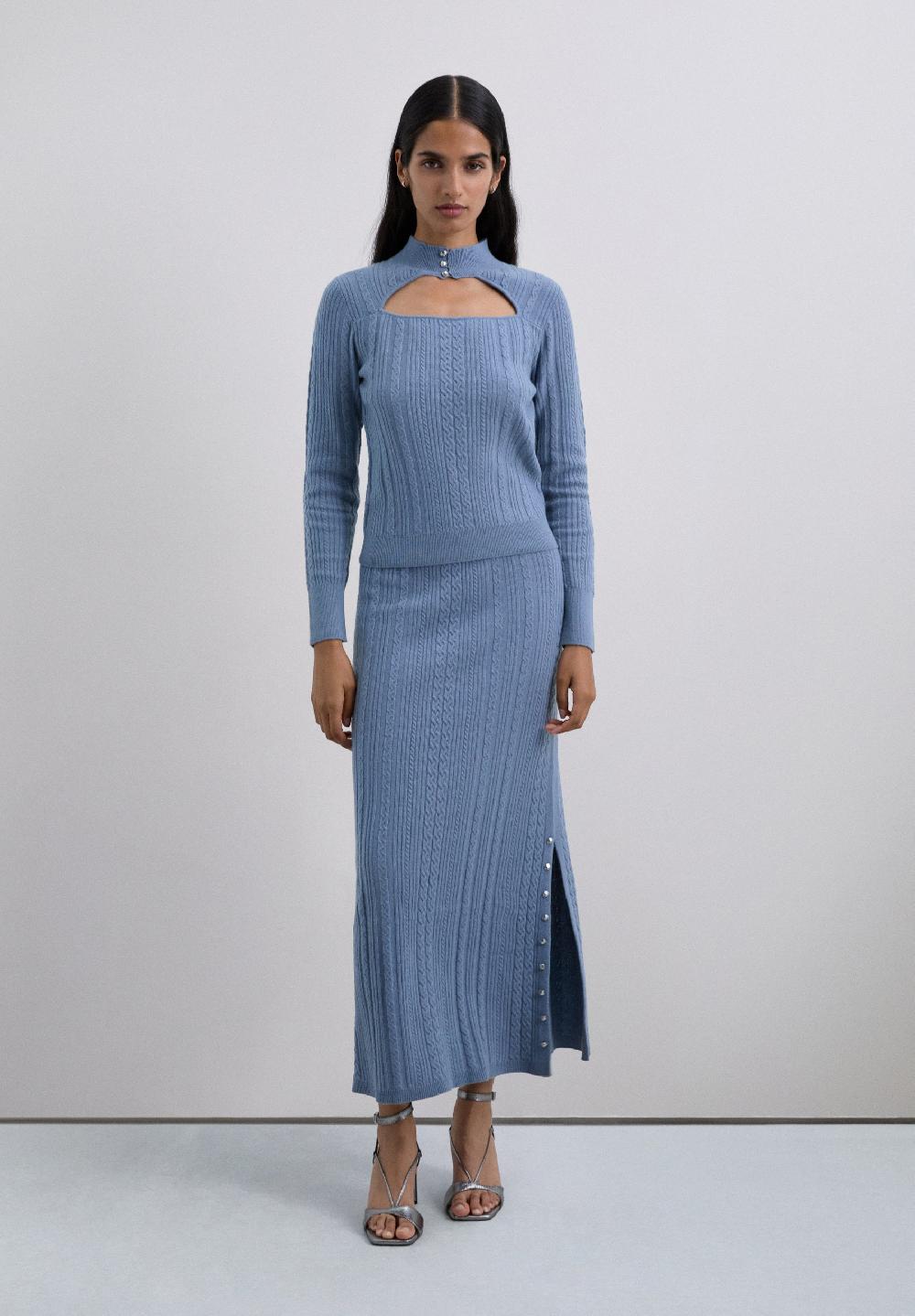 Scalpers CABLE KNIT SKIRT WITH SLIT LIGHT BLUE