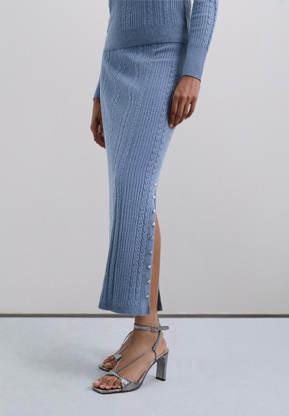 Scalpers CABLE KNIT SKIRT WITH SLIT LIGHT BLUE
