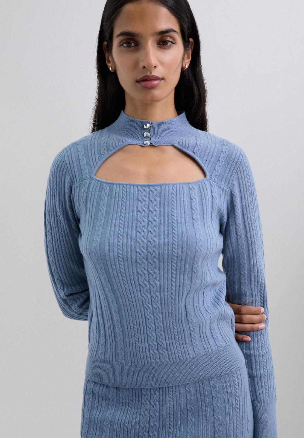 Scalpers CABLE KNIT SWEATER WITH CUTOUT LIGHT BLUE
