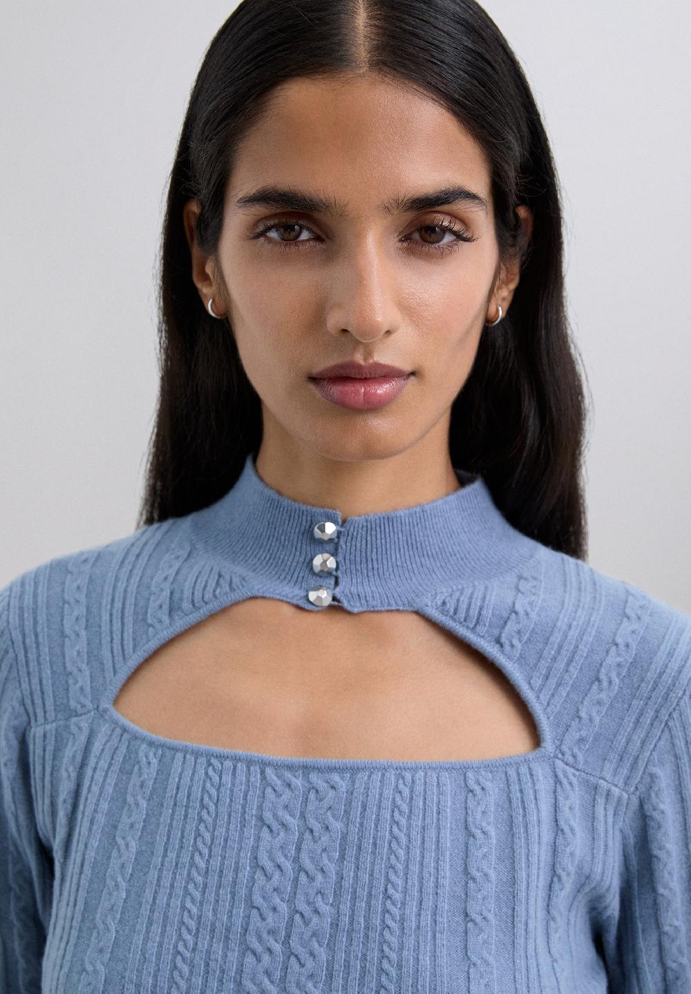 Scalpers CABLE KNIT SWEATER WITH CUTOUT LIGHT BLUE