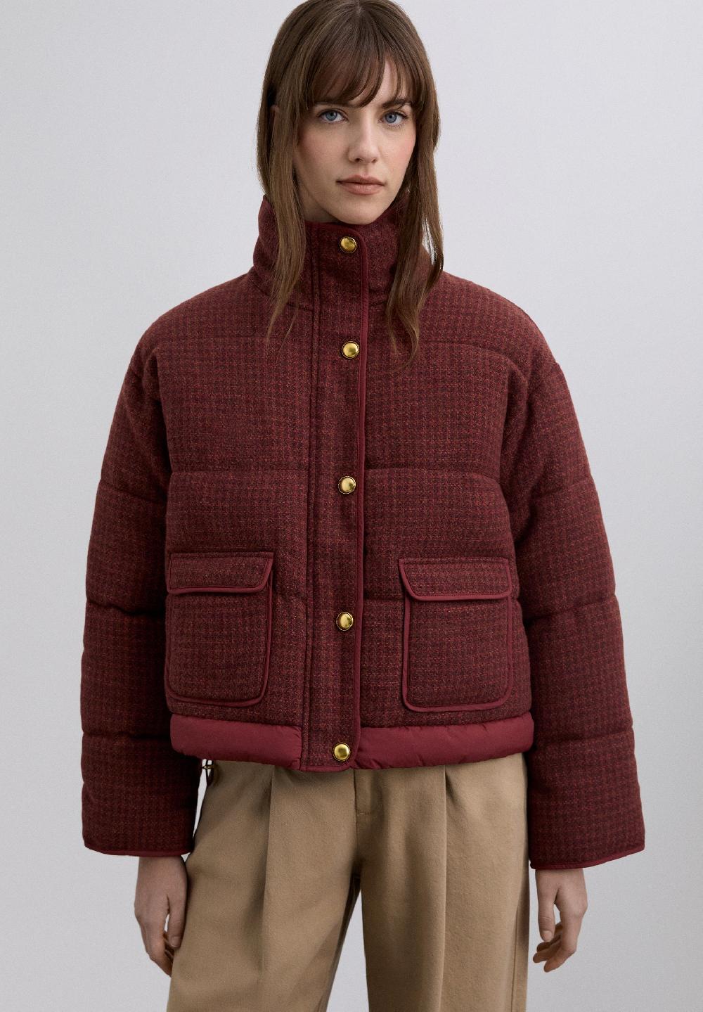 Scalpers CHECKED PADDED BOMBER COAT TERRACOTTA