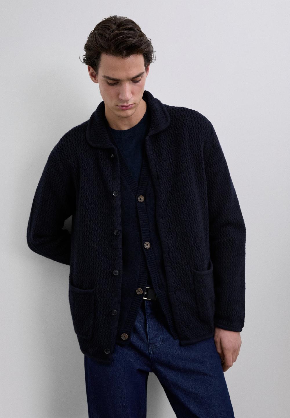 scalpers COLLARED WOOL CARDIGAN NAVY