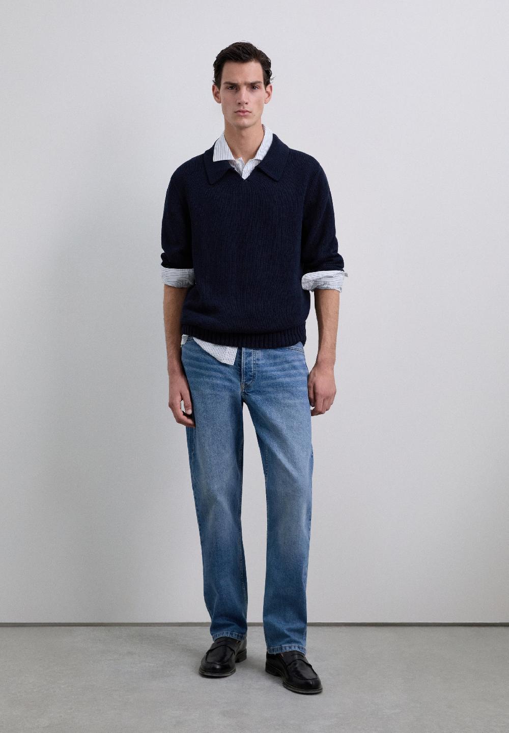 Scalpers COTTON KNIT POLO SWEATER NAVY