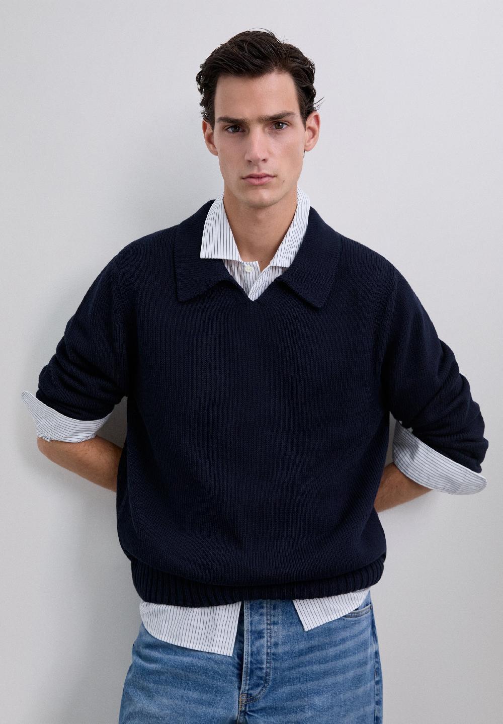 Scalpers COTTON KNIT POLO SWEATER NAVY