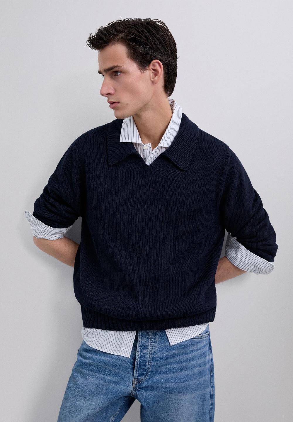 Scalpers COTTON KNIT POLO SWEATER NAVY