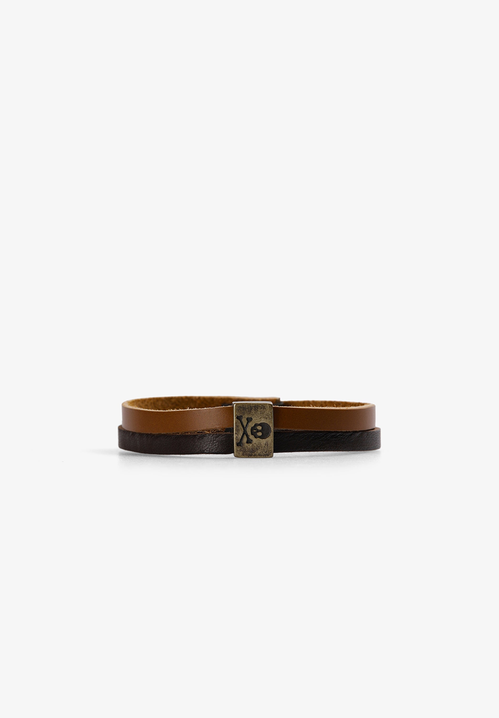 Scalpers DOUBLE LEATHER BRACELET WITH SKULL BROWN