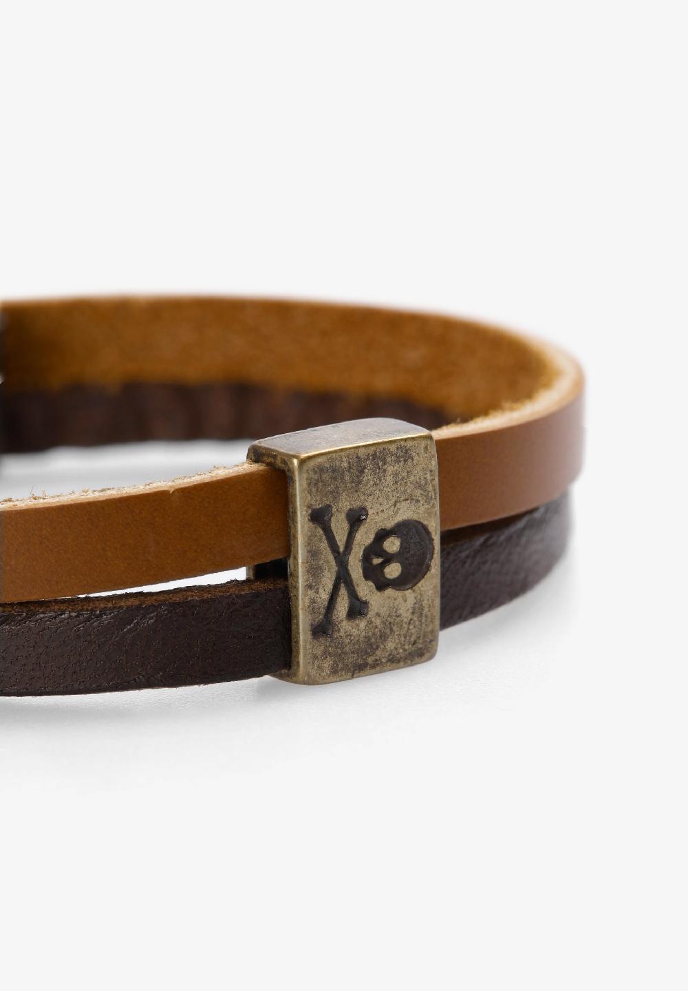 Scalpers DOUBLE LEATHER BRACELET WITH SKULL BROWN