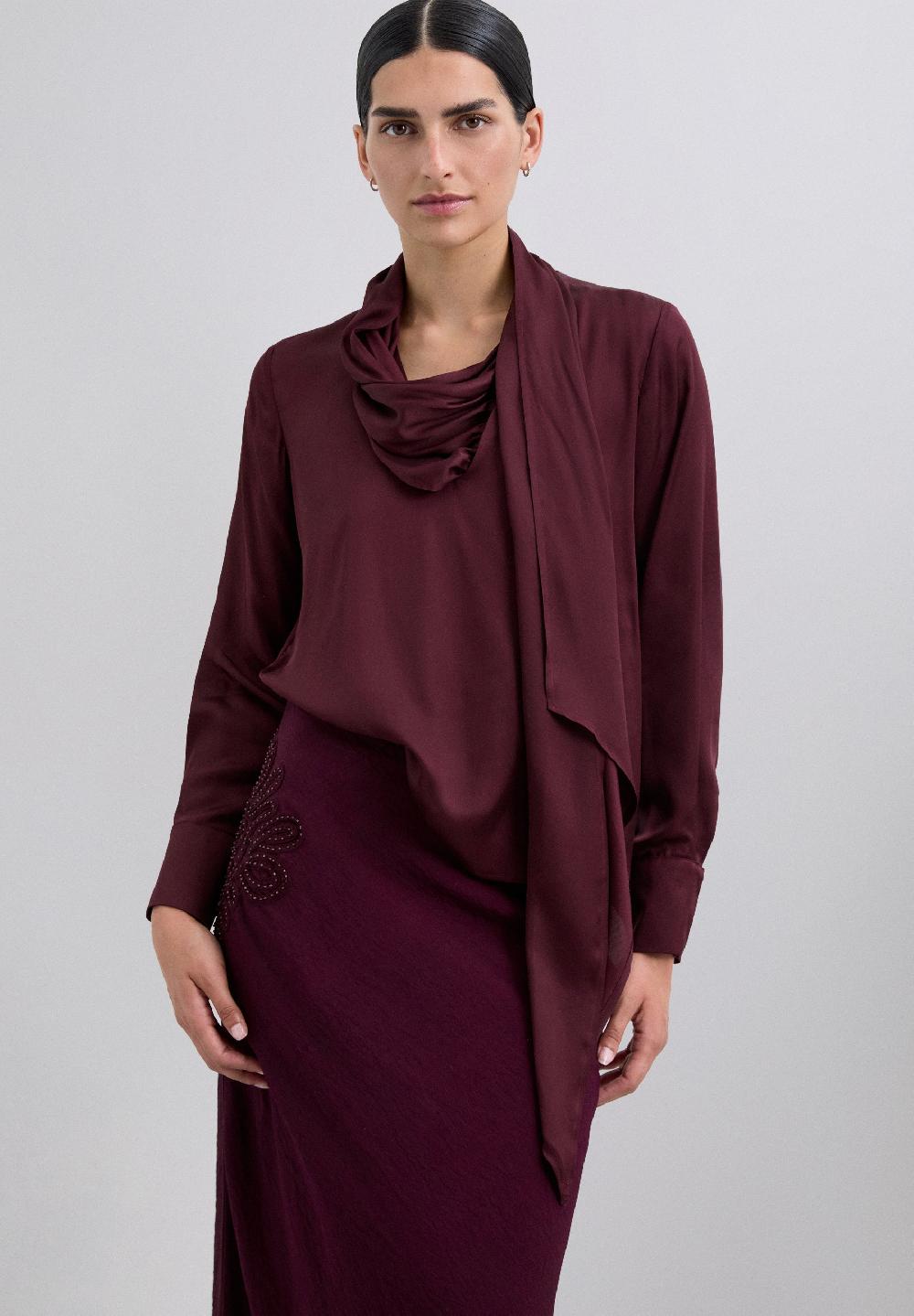 scalpers DRAPED SATIN BLOUSE BURGUNDY