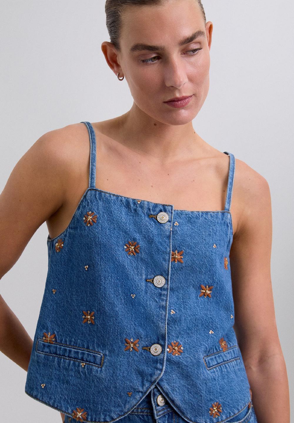 Scalpers EMBROIDERED FLOWERS TOP INDIGO