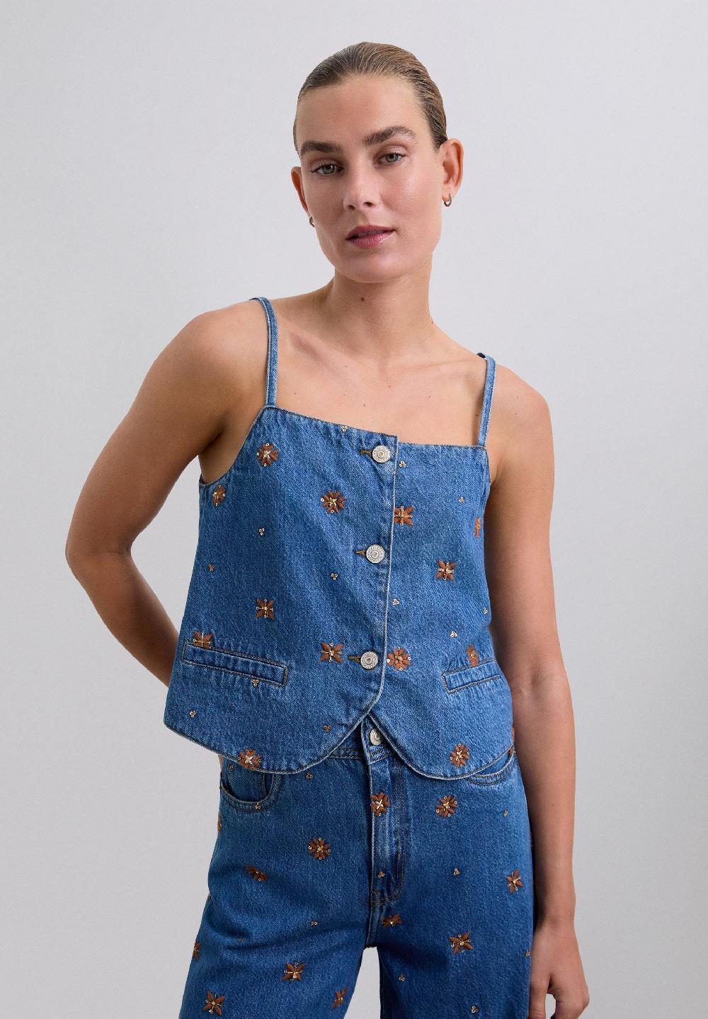 scalpers EMBROIDERED FLOWERS TOP INDIGO