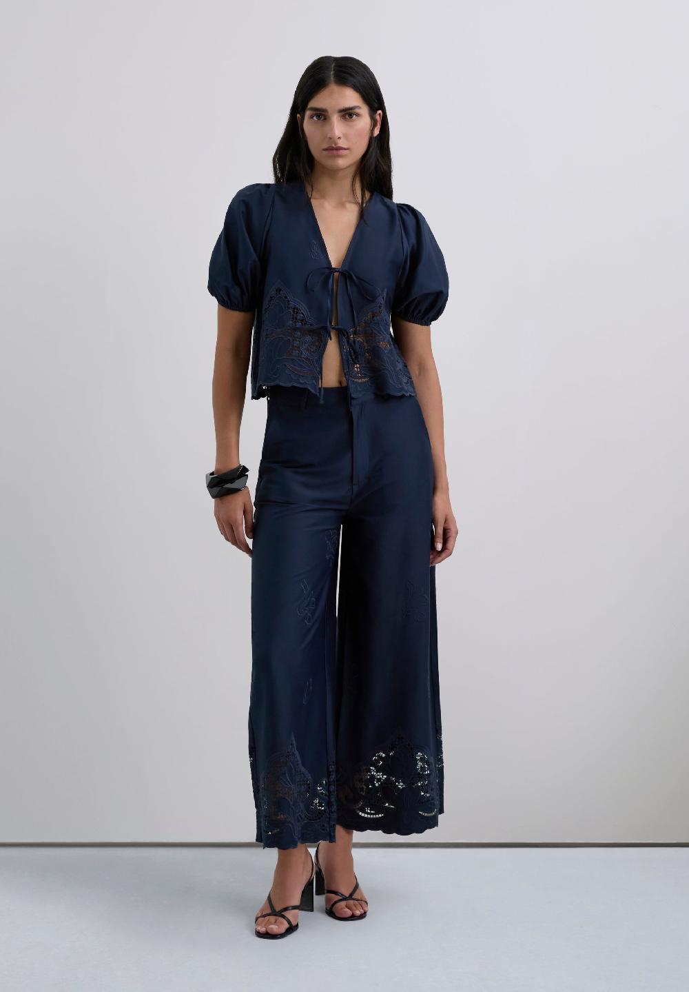 Scalpers EMBROIDERED TIE BLOUSE NAVY